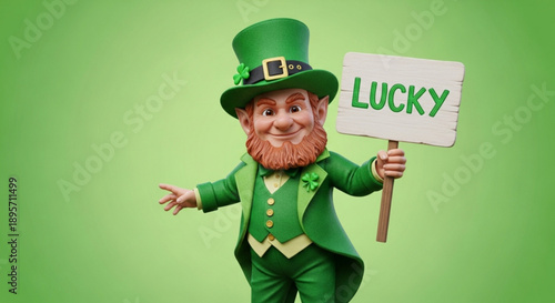 Cheerful leprechaun in green suit holding lucky sign on gradient background for st patrick's day celebrations