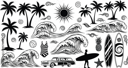 Large Set of Black and White Summer Beach Vector Illustrations Featuring Palm Trees Ocean Waves Surfing Boards Classic Car Pineapple Sun and Tropical Vacation Elements.