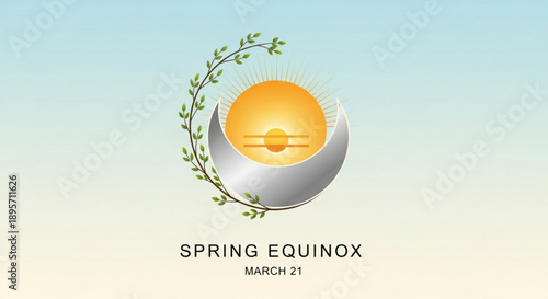 Spring equinox celebration on march 21 with sun leaves and crescent moon symbolizing renewal and seasonal change