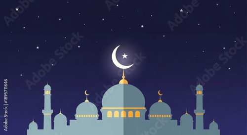 Illustration of a serene mosque under a starry night sky with a crescent moon