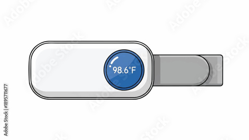 Digital thermometer device with blue display showing temperature reading and sleek metallic housing.