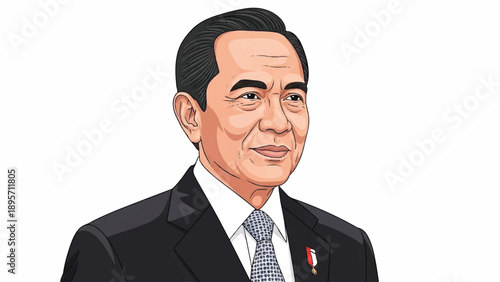 Formal portrait illustration of a dignified man in a suit and tie with lapel pin.