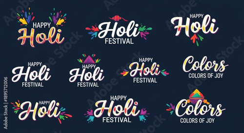 Vibrant holi festival typography and logo designs on dark background