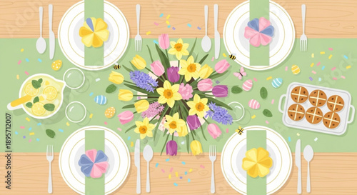 Easter brunch table setting with floral centerpiece waffles and festive decorations top view illustration for spring holiday celebration