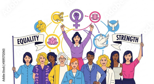 Diverse group of women celebrating equality and strength with symbolic icons and banners
