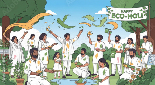 People in white celebrating holi with green and orange powders surrounded by trees and a blue sky