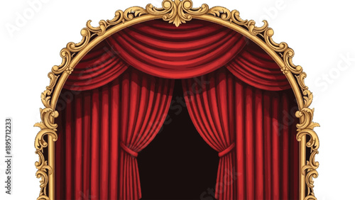 Luxurious red velvet theatre curtains framed by ornate gold archway.