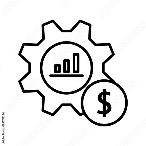Minimal line icon illustrating business growth and financial management, featuring a gear with an upward bar chart and dollar symbol. Ideal for concepts of economics, profit optimization, strategy, pr