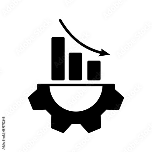 Minimal line icon depicting decreasing bar chart with downward arrow on a gear, representing business slowdown, performance decline, or reduced productivity.