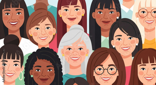 Diverse group of smiling women with different skin tones and hairstyles looking forward diverse community friendship concept