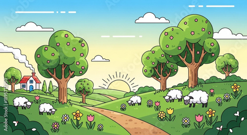 Charming cartoon landscape with sheep grazing in a green meadow featuring a small house and apple trees under a sunny sky perfect for childrens books and nature themes