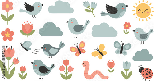 Cute spring nature illustration set with birds flowers clouds sun butterflies worms and ladybugs flat vector design