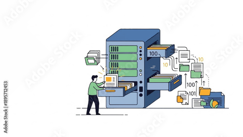 Person Interacting with Large Data Server in Modern Technology Setup.