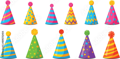 Colorful party hat illustration set with striped dotted and star patterns for birthday celebration flat vector design