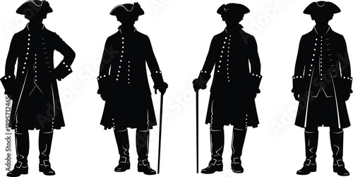 Four eighteenth century gentleman silhouettes wearing tricorn hats and long coats, historical male figures isolated on white background
