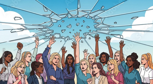 Diverse group of women breaking through glass ceiling shattering barriers achieving success empowerment empowerment concept breaking free
