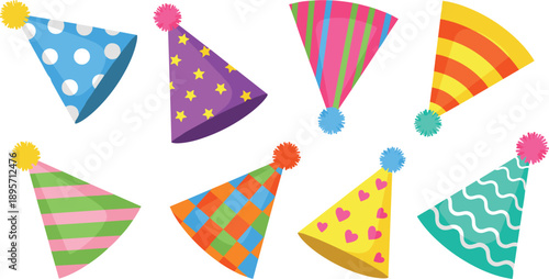 Colorful party hats illustration set with geometric striped and polka dot patterns for celebration flat vector design