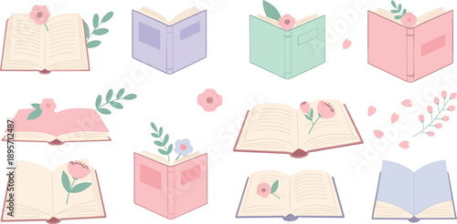 Floral book illustration set with open and closed books flowers leaves and soft pastel reading elements vector