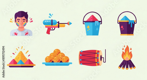 Colorful summer fun icons set with person water gun buckets campfire food and fireworks on light green background
