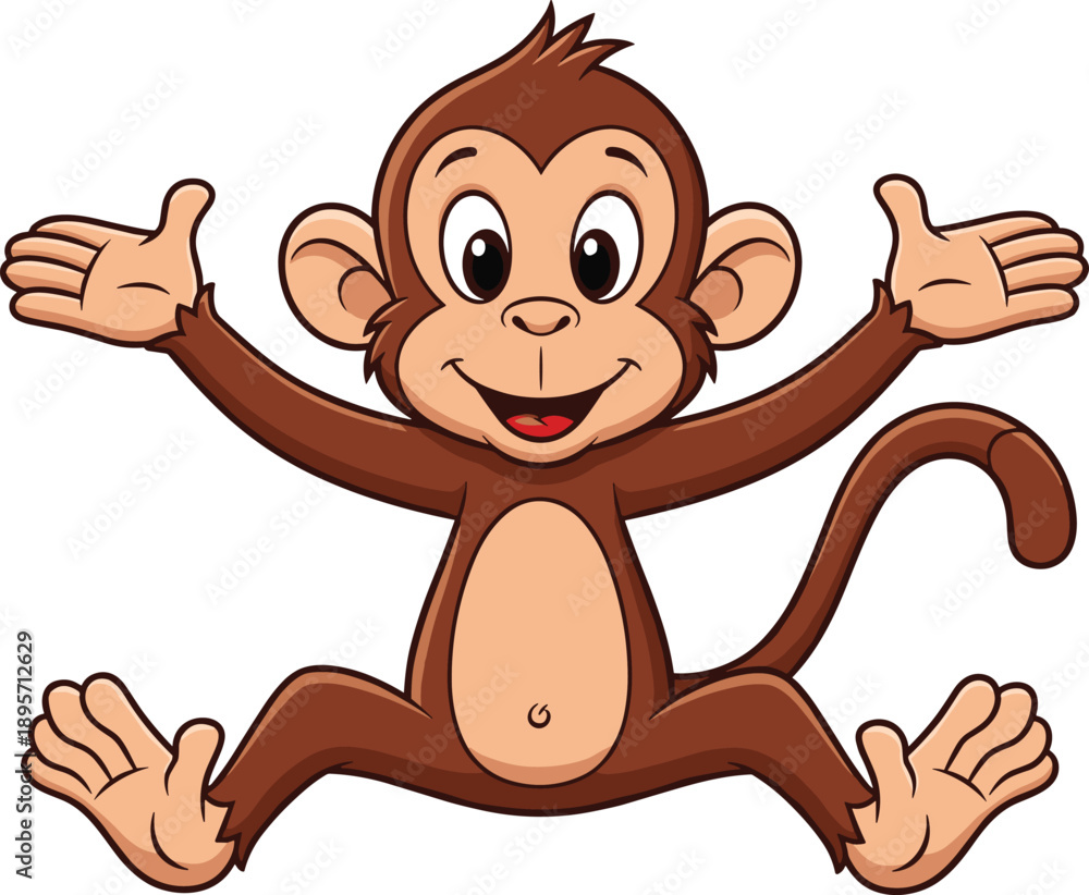 Fototapeta premium Playful cartoon monkey illustration with big smile, expressive eyes, curved tail, friendly character design for children’s educational and fun projects