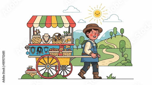 Friendly vendor pushing a colorful food cart through green countryside path.