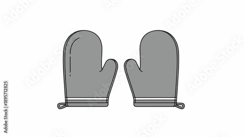 A pair of grey winter mittens hanging by strings, simple, cozy outdoor accessory.