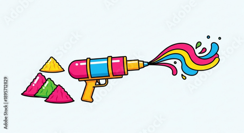 Colorful water gun shooting rainbow stream with watermelon slices beside it on white background