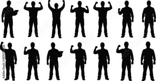 Silhouette illustration of construction workers in various poses with hard hats, strength and administration roles, industrial labor design