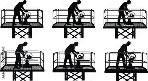 Silhouette illustration of construction worker operating circular saw on raised platform with safety railings, sparks, industrial labor design