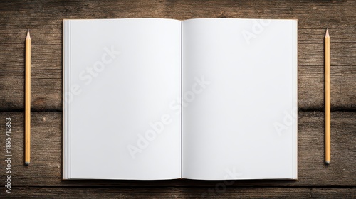 Open Blank Book on Rustic Wood Surface with Two Pencils Framing Clean White Pages and Neutral Background