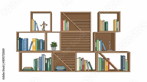 Modern minimalist wooden modular bookshelf with neatly arranged books.