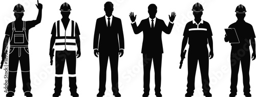 Silhouette illustration of diverse occupational roles including construction workers, engineers, business professionals, supervisor, and industrial staff representation