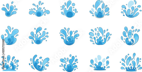 Multiple blue water splash illustrations arranged in a grid pattern on a clean background from a direct viewpoint