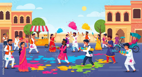 People celebrating holi festival with colorful powders on a city street with buildings and trees