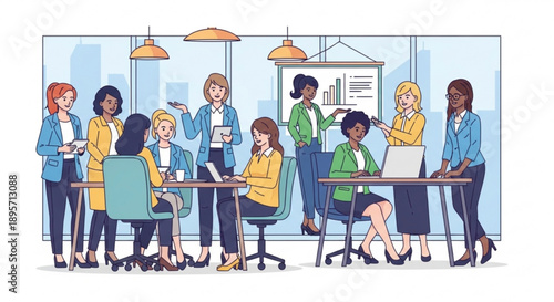 Diverse group of businesswomen collaborating in modern office space with laptops