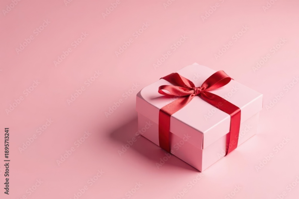Fototapeta premium A Delicate Pink Gift Box with a Crimson Ribbon, a Symbol of Thoughtful Presentation