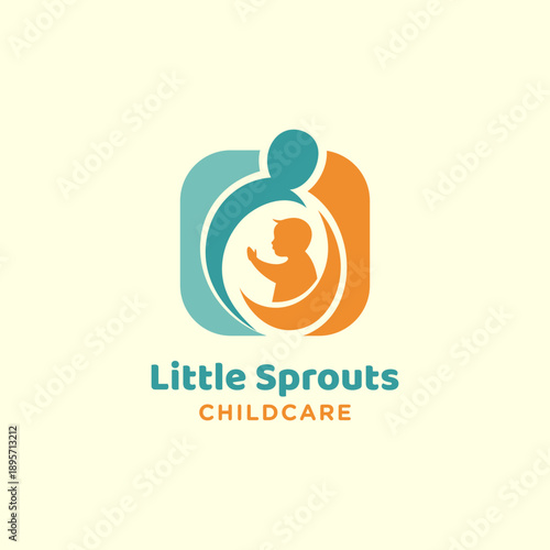 Childcare Logo design. The icon features a stylized silhouette of an adult embracing a child within a circular frame, symbolizing protection, growth, care. Uses a warm orange and calming teal color.