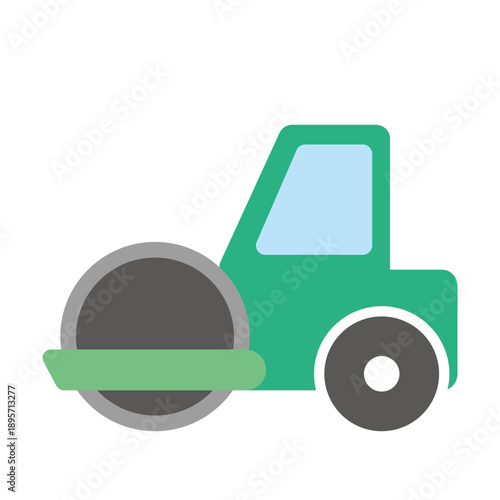 A simple green road roller vehicle with a large front drum and a small rear wheel, depicted in a flat, cartoon style.