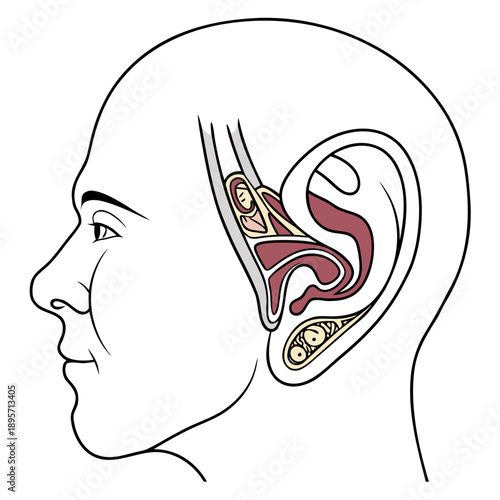 Detailed and colorful vector illustration of human ear anatomy, highlighting the external, middle, and inner ear structures for auditory science education.
