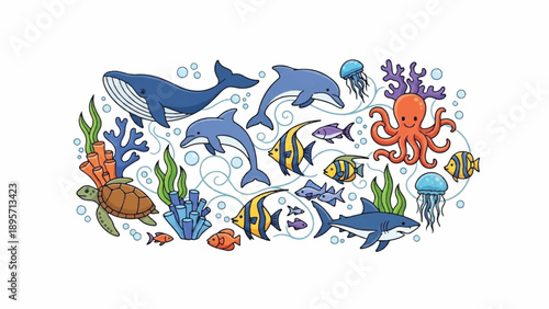 Colorful underwater scene featuring a variety of marine life including fish, dolphins, coral, and sea plants.