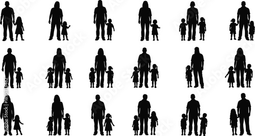 Large set of hand drawn vector black silhouette illustrations of parents holding hands with children isolated on white background for family lifestyle and parenting design projects