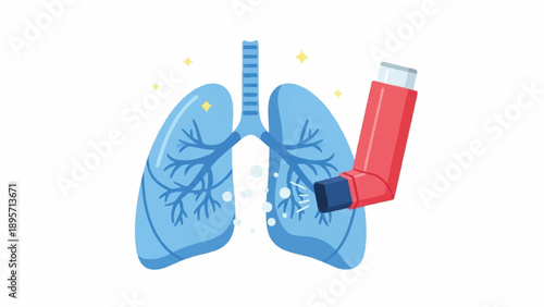 Illustration of Blue Lungs with Red Inhaler Demonstrating Asthma Therapy.