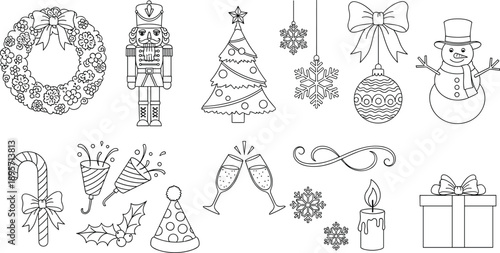 Large Collection of Black and White Christmas and New Year Vector Line Art Icons Featuring Nutcracker, Snowman, Wreath, Ornaments, and Festive Celebration Party Elements.