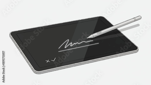 Digital drawing tablet with stylus displaying a handwritten signature.