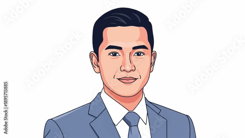 Illustrated portrait of a professional man in a blue suit and tie with formal business demeanor.