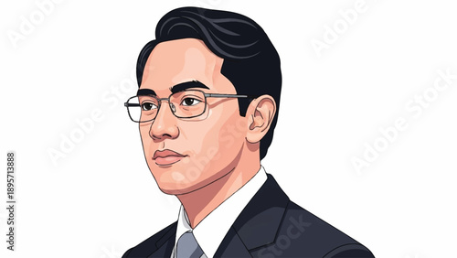 Stylized illustrated portrait of a professional businessman wearing glasses and suit.