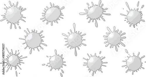 Multiple splatters of paint are scattered across the surface in a random pattern from a top-down viewpoint