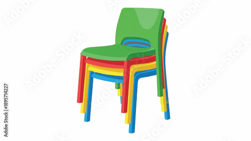 Colorful stack of plastic chairs in bright rainbow hues, stacked in a playful arrangement.