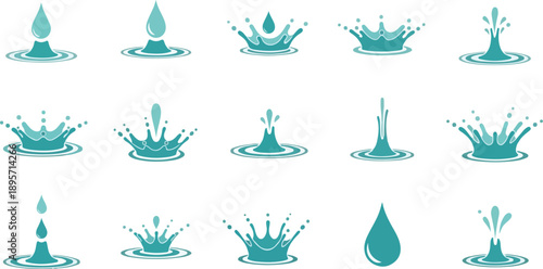 Collection of various water splash illustrations in teal, showcasing different droplet actions and movements from a top-down viewpoint
