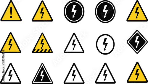 Electrical hazard icons, lightning bolt symbols, warning signs, high voltage graphics, safety labels, danger indicators, industrial vector illustrations